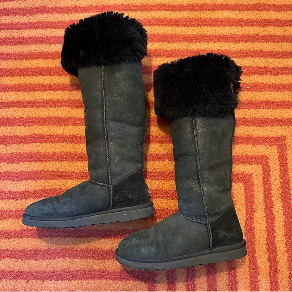 $395 UGG Bailey Button Over-the-Knee OTK 2-way Black Suede Shearling Fur Boots 8 - Picture 3 of 13